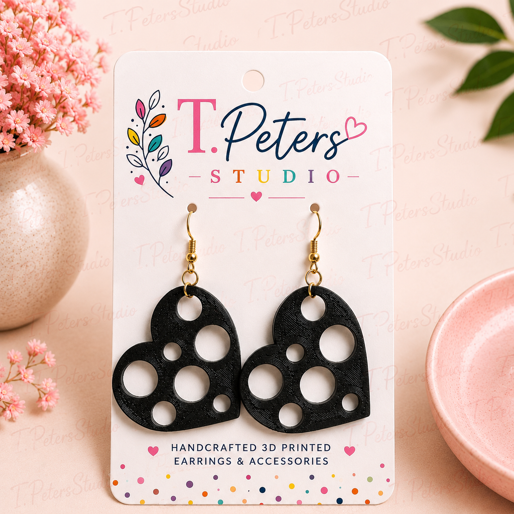 Black Heart Dangle Earrings | Lightweight 3D Printed Statement Earrings for Women