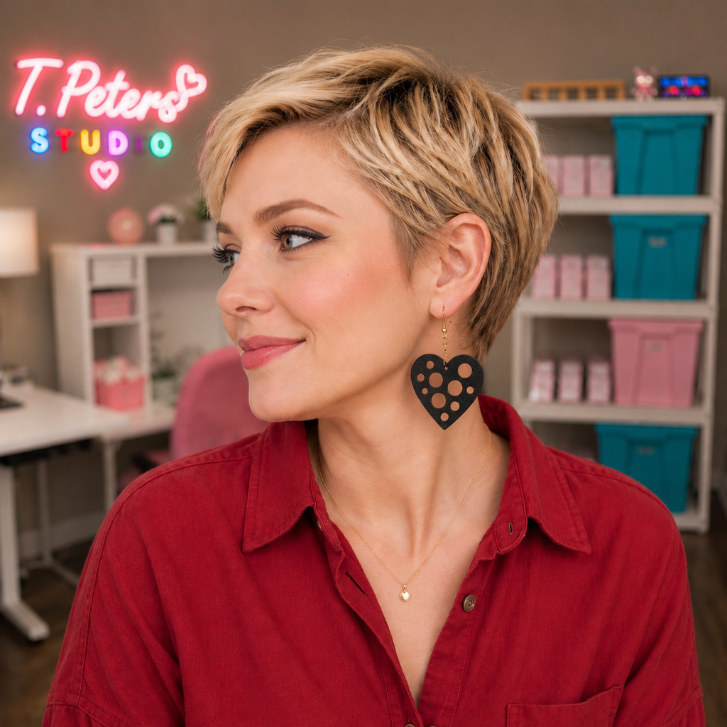 Black Heart Dangle Earrings | Lightweight 3D Printed Statement Earrings for Women